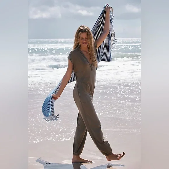Free People Movement Hot Shot V Neck Jumpsuit in Oregano - Picture 2 of 13